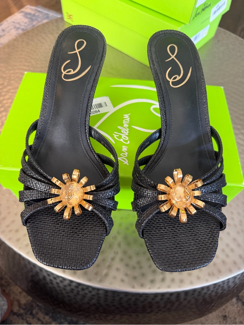 Sam Edelman Posey heels  Black Slip-On Mules with Gold Sunburst Detail